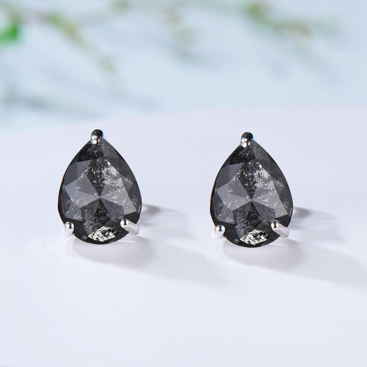 Dainty Pear Shaped Salt and Pepper Diamond Wedding Bridal  Set, 18K White Gold Peper Diamond Engagement Ring/Pendnat Nekclace/Studs Earrings - PENFINE