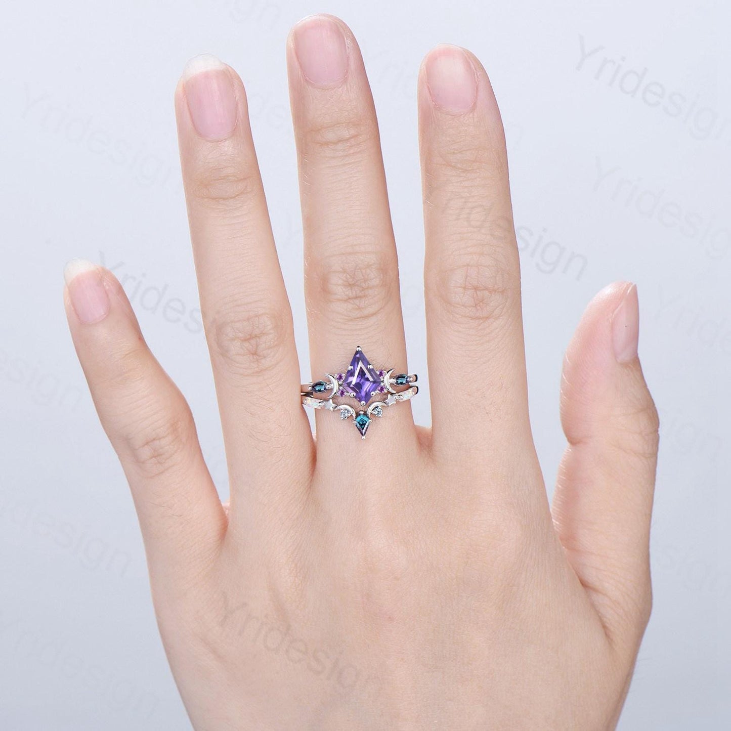 Midnight Sky Kite Cut Purple Sapphire Bridal Set- Alexandrite & Opal with Moon & Star - PENFINE
