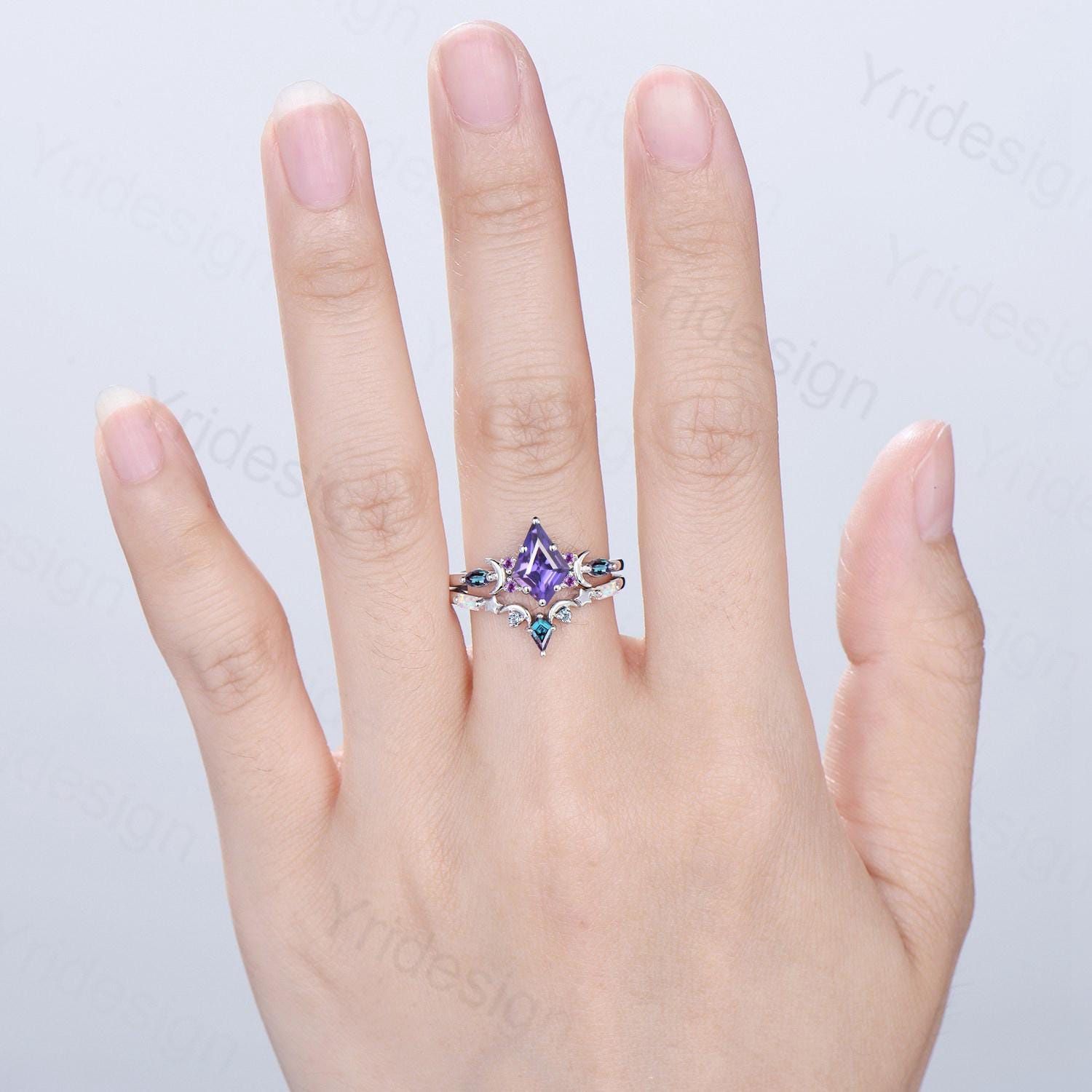 Midnight Sky Kite Cut Purple Sapphire Bridal Set- Alexandrite & Opal with Moon & Star - PENFINE