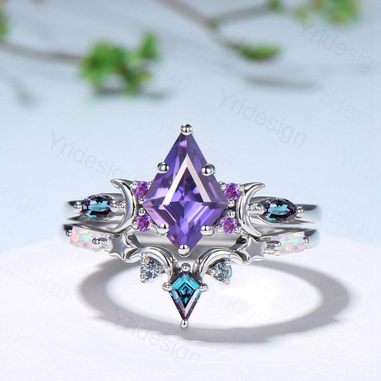 Midnight Sky Kite Cut Purple Sapphire Bridal Set- Alexandrite & Opal with Moon & Star - PENFINE