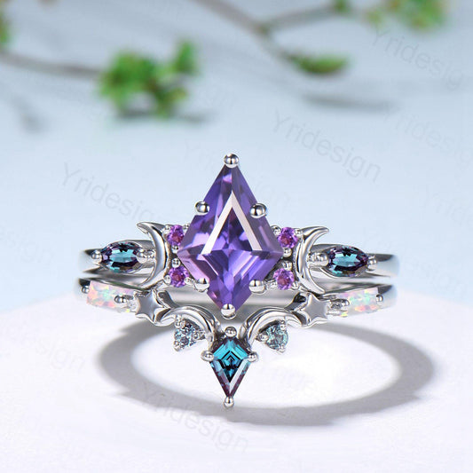 Midnight Sky Kite Cut Purple Sapphire Bridal Set- Alexandrite & Opal with Moon & Star - PENFINE
