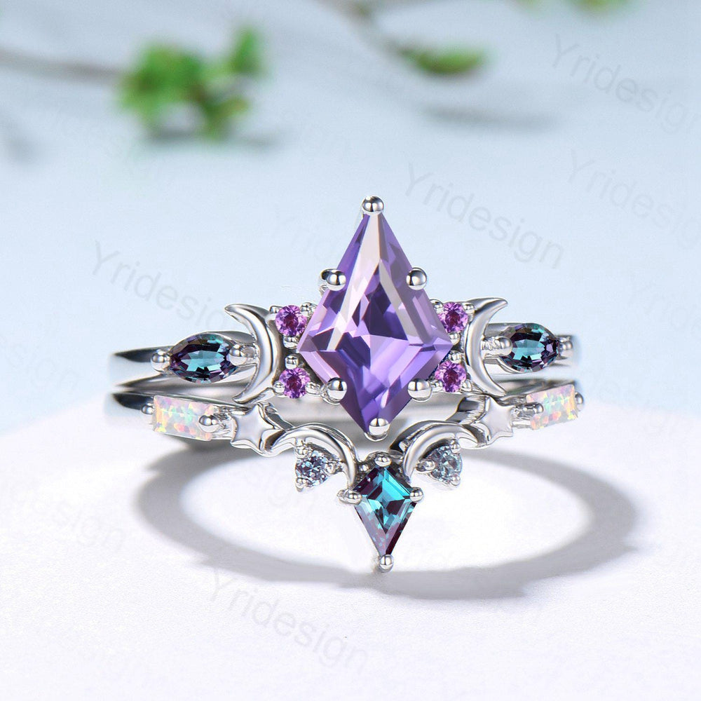 Midnight Sky Kite Cut Purple Sapphire Bridal Set- Alexandrite & Opal with Moon & Star - PENFINE