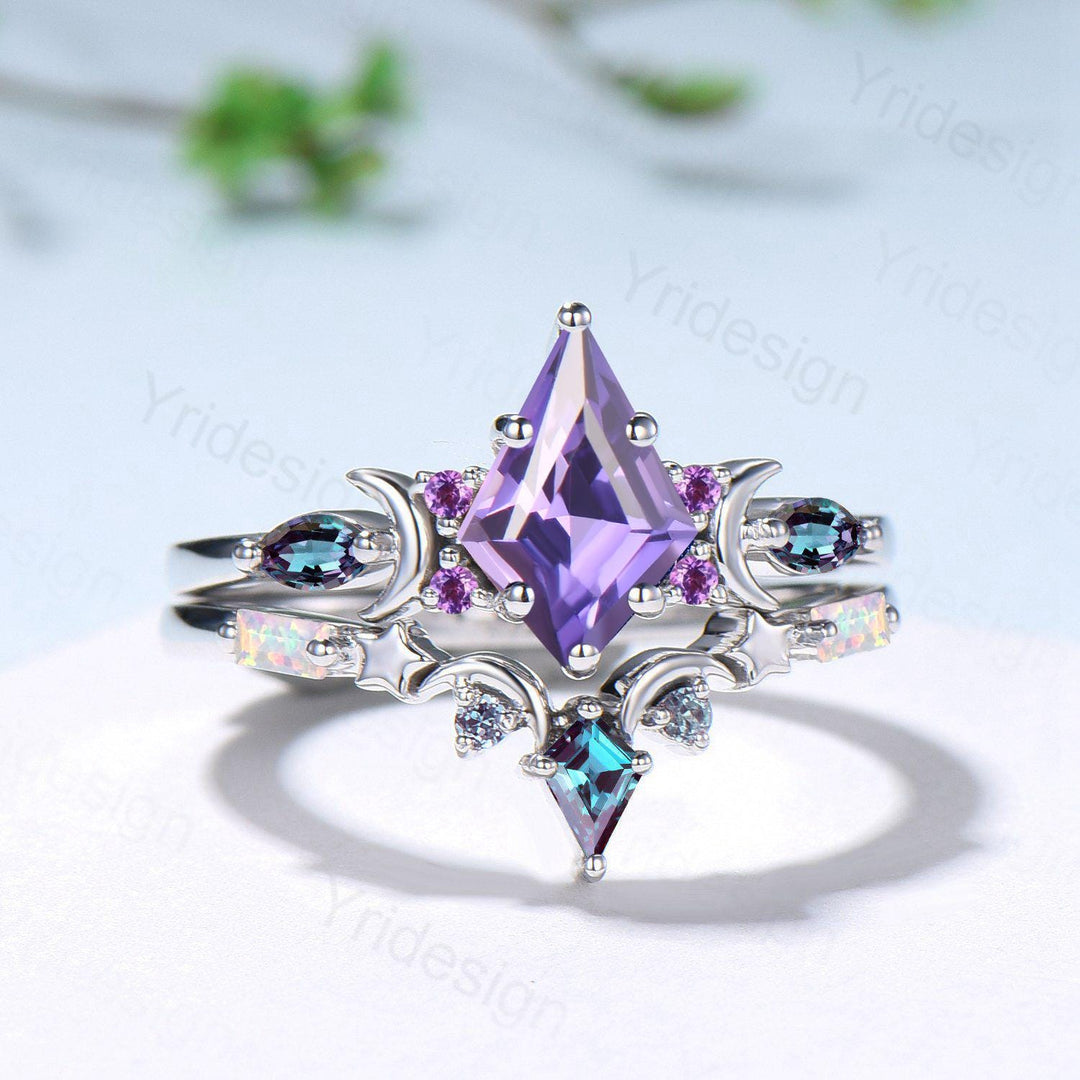 Midnight Sky Kite Cut Purple Sapphire Bridal Set- Alexandrite & Opal with Moon & Star - PENFINE