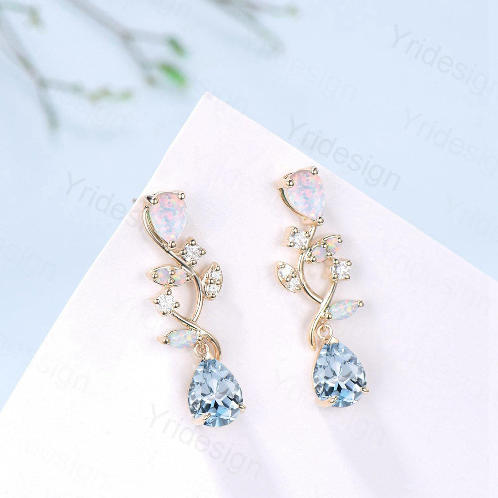 Nature Inspired Pear Shaped Aquamarine Earrings Elegant Opal Leaf Vine Earrings Silver Earrings Handmade March Birthstone Anniversary Gift - PENFINE