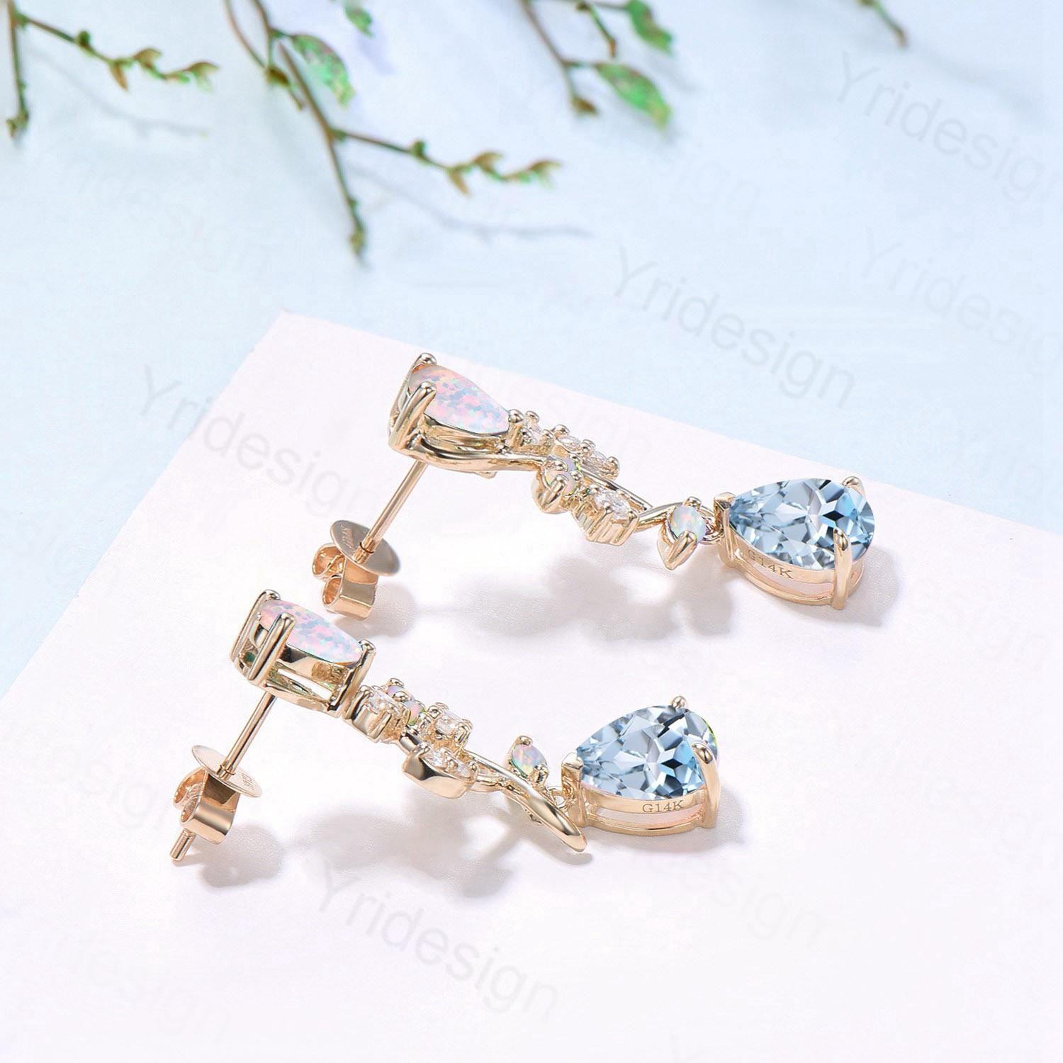 Nature Inspired Pear Shaped Aquamarine Earrings Elegant Opal Leaf Vine Earrings Silver Earrings Handmade March Birthstone Anniversary Gift - PENFINE