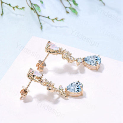 Nature Inspired Pear Shaped Aquamarine Earrings Elegant Opal Leaf Vine Earrings Silver Earrings Handmade March Birthstone Anniversary Gift - PENFINE