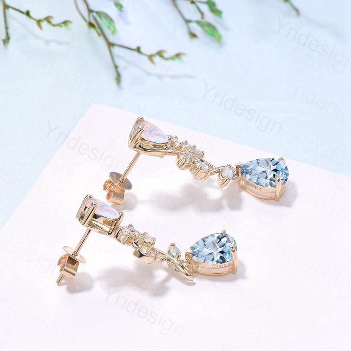 Nature Inspired Pear Shaped Aquamarine Earrings Elegant Opal Leaf Vine Earrings Silver Earrings Handmade March Birthstone Anniversary Gift - PENFINE