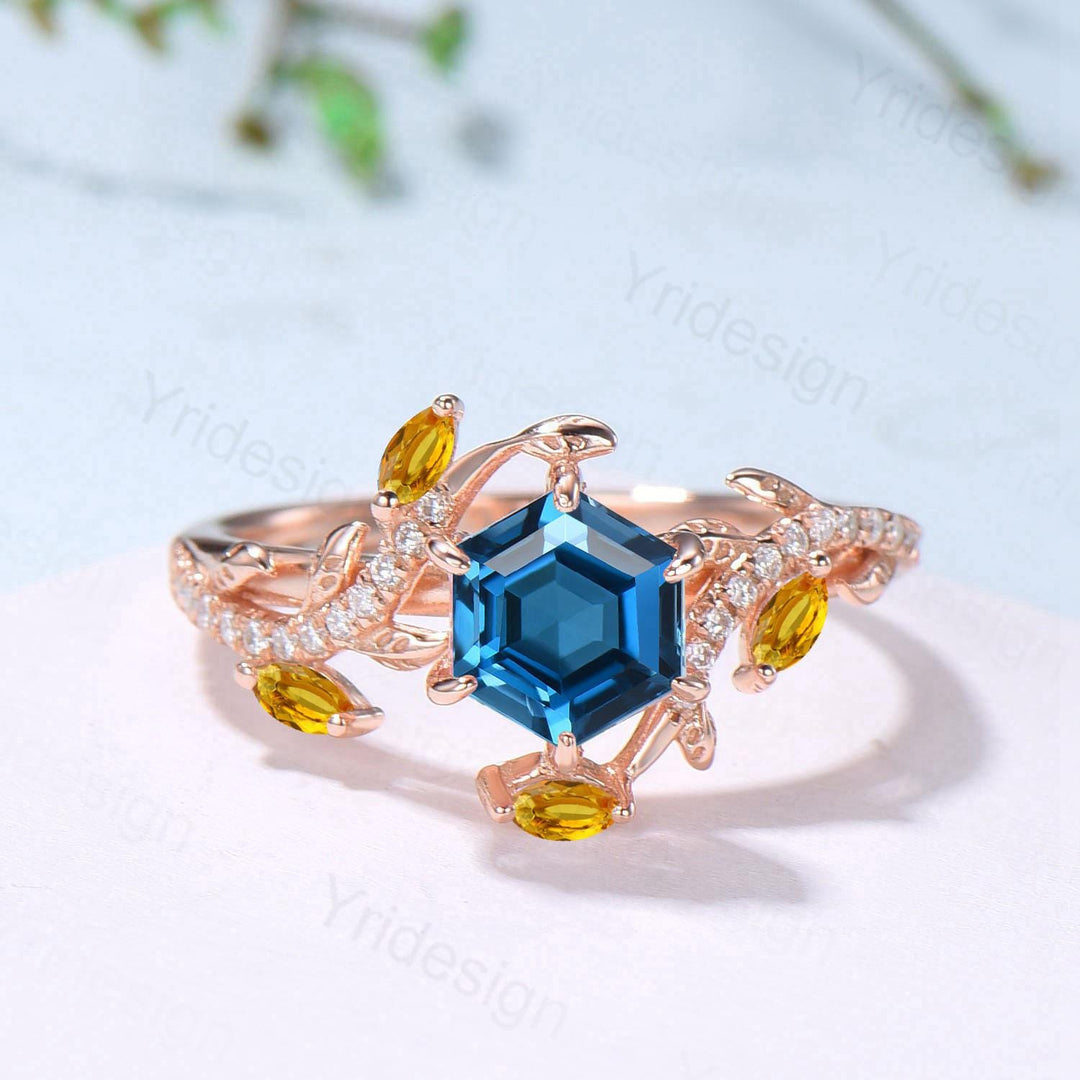 Natural Inspired Hexagon London Blue Topaz Engagement Ring Rose Gold Entangled Vines Citrine Bridal Wedding Ring Promise Gifts For fiancee - PENFINE