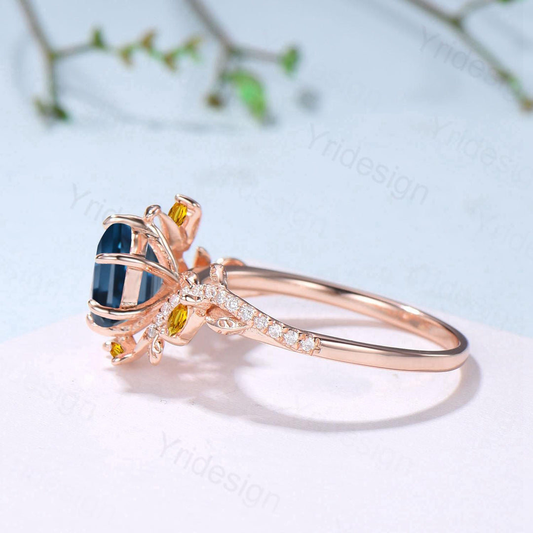 Natural Inspired Hexagon London Blue Topaz Engagement Ring Rose Gold Entangled Vines Citrine Bridal Wedding Ring Promise Gifts For fiancee - PENFINE