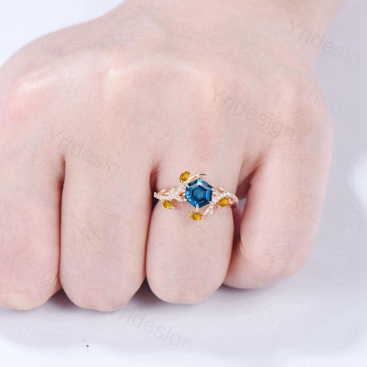 Natural Inspired Hexagon London Blue Topaz Engagement Ring Rose Gold Entangled Vines Citrine Bridal Wedding Ring Promise Gifts For fiancee - PENFINE