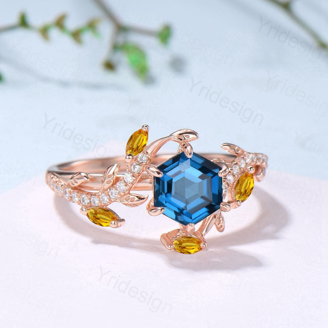 Natural Inspired Hexagon London Blue Topaz Engagement Ring Rose Gold Entangled Vines Citrine Bridal Wedding Ring Promise Gifts For fiancee - PENFINE