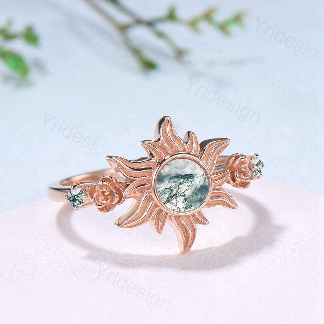 Unique Sunflower Moss Agate Engagement Ring 14K Rose Gold Garden Floral Tiny Rose Accents Nature Inspired Floral Anniversary Ring for Women - PENFINE