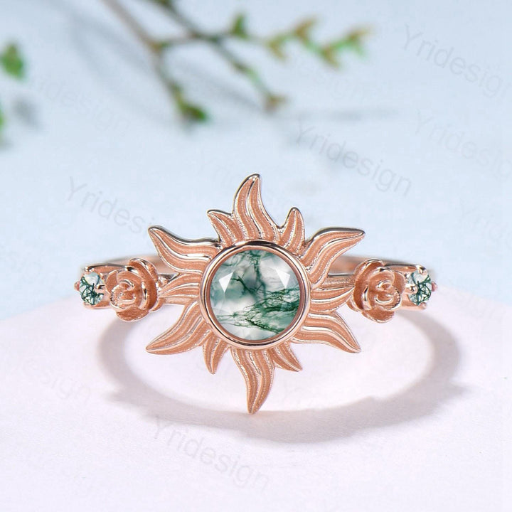 Unique Sunflower Moss Agate Engagement Ring 14K Rose Gold Garden Floral Tiny Rose Accents Nature Inspired Floral Anniversary Ring for Women - PENFINE