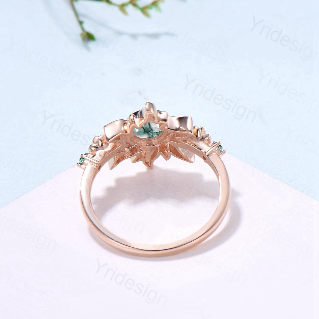 Unique Sunflower Moss Agate Engagement Ring 14K Rose Gold Garden Floral Tiny Rose Accents Nature Inspired Floral Anniversary Ring for Women - PENFINE