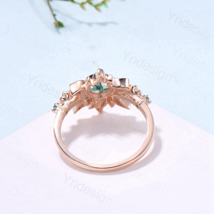 Unique Sunflower Moss Agate Engagement Ring 14K Rose Gold Garden Floral Tiny Rose Accents Nature Inspired Floral Anniversary Ring for Women - PENFINE