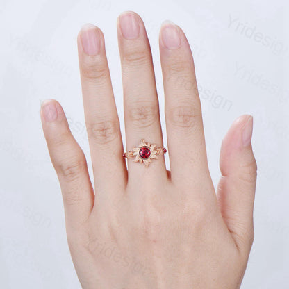 Floral Sunflower Ruby Engagement Ring 14K Rose Gold Garden Inspired Wedding Ring  Tiny Rose Accents July Birthstone Anniversary Ring Women - PENFINE