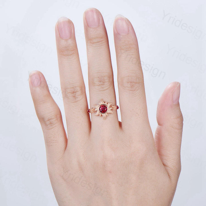 Floral Sunflower Ruby Engagement Ring 14K Rose Gold Garden Inspired Wedding Ring  Tiny Rose Accents July Birthstone Anniversary Ring Women - PENFINE
