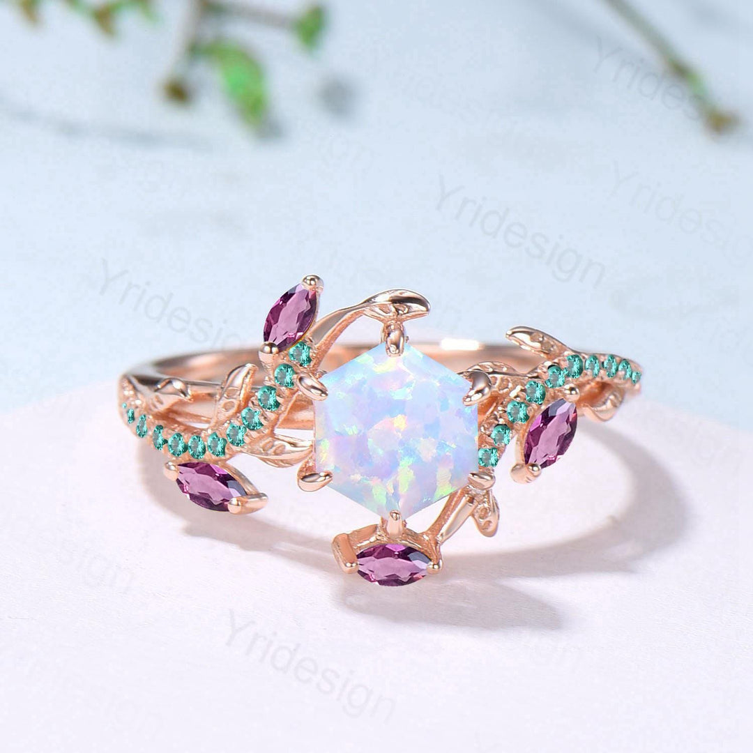 Elegant Opla Ring Nature Inspired Fire White Opal Engagement Ring Entangled Vines Emerlad Amethyst Snake Bridal Wedding Ring Promise Gifts - PENFINE