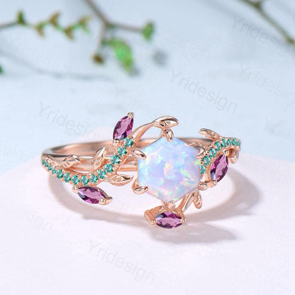 Elegant Opla Ring Nature Inspired Fire White Opal Engagement Ring Entangled Vines Emerlad Amethyst Snake Bridal Wedding Ring Promise Gifts - PENFINE
