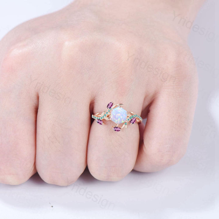 Elegant Opla Ring Nature Inspired Fire White Opal Engagement Ring Entangled Vines Emerlad Amethyst Snake Bridal Wedding Ring Promise Gifts - PENFINE