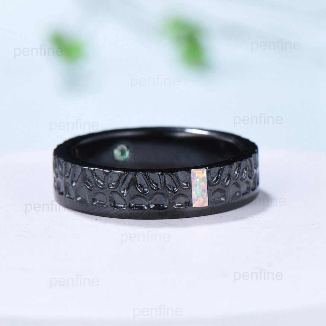 5mm Hammer Men's Wedding Ring Black Gold Baguette Fire White Opal Men Wedding Band Unique Birthday Stacking Matching Band Retro Vintage Gift - PENFINE