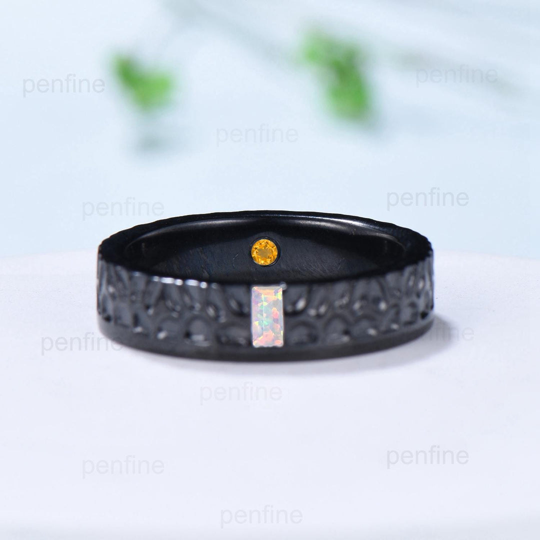 5mm Hammer Men's Wedding Ring Black Gold Baguette Fire White Opal Men Wedding Band Unique Birthday Stacking Matching Band Retro Vintage Gift - PENFINE