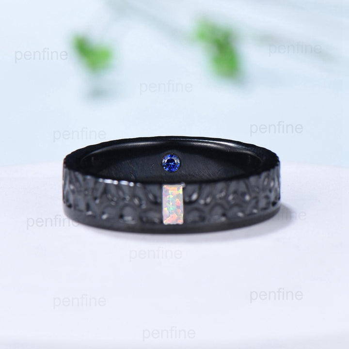 5mm Hammer Men's Wedding Ring Black Gold Baguette Fire White Opal Men Wedding Band Unique Birthday Stacking Matching Band Retro Vintage Gift - PENFINE