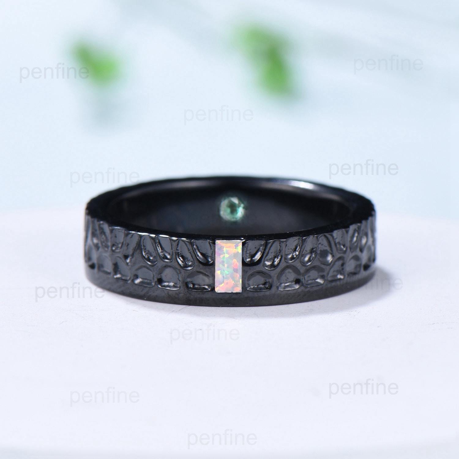 5mm Hammer Men's Wedding Ring Black Gold Baguette Fire White Opal Men Wedding Band Unique Birthday Stacking Matching Band Retro Vintage Gift - PENFINE
