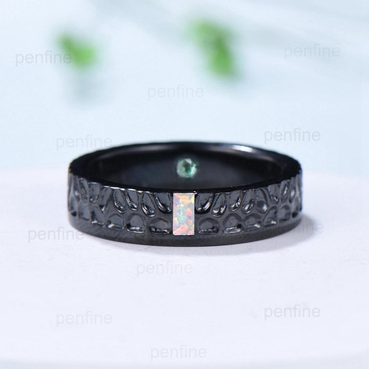 5mm Hammer Men's Wedding Ring Black Gold Baguette Fire White Opal Men Wedding Band Unique Birthday Stacking Matching Band Retro Vintage Gift - PENFINE