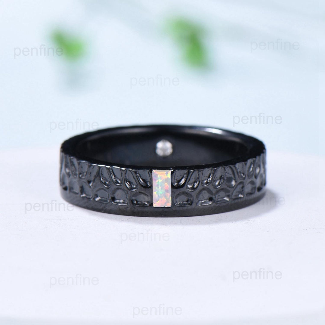 5mm Hammer Men's Wedding Ring Black Gold Baguette Fire White Opal Men Wedding Band Unique Birthday Stacking Matching Band Retro Vintage Gift - PENFINE
