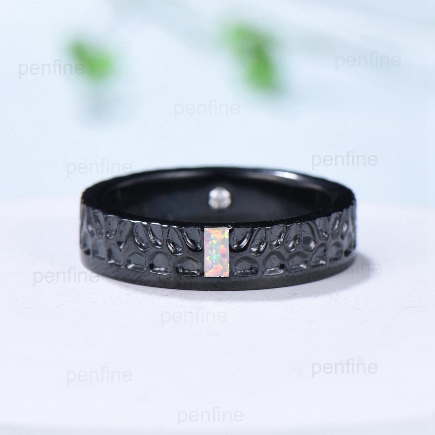 5mm Hammer Men's Wedding Ring Black Gold Baguette Fire White Opal Men Wedding Band Unique Birthday Stacking Matching Band Retro Vintage Gift - PENFINE