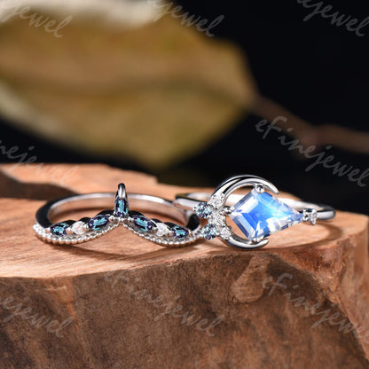 Kite Cut Moonstone Engagement Ring, Marquise Alexandrite Stacking Band, June Birthstone Bridal Set - PENFINE