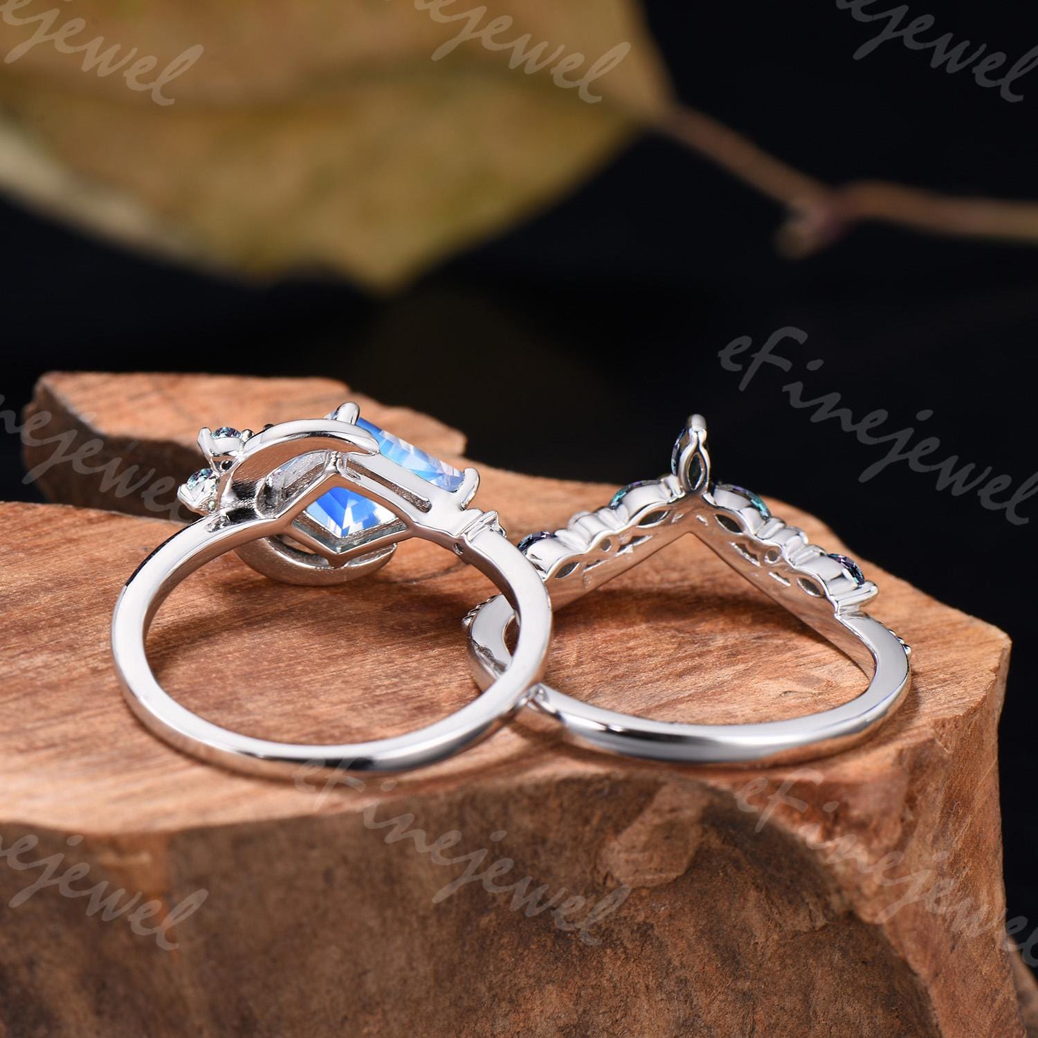 Kite Cut Moonstone Engagement Ring, Marquise Alexandrite Stacking Band, June Birthstone Bridal Set - PENFINE