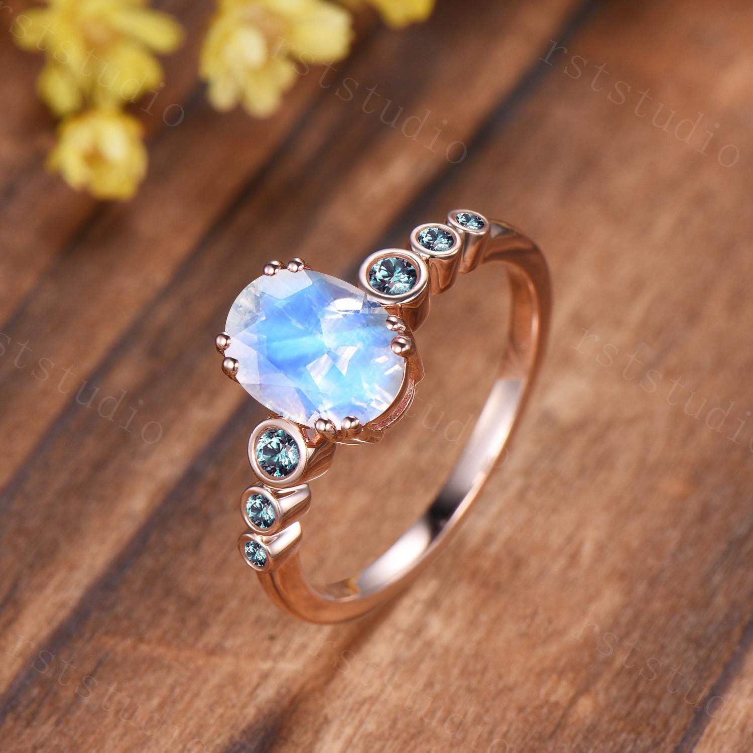 Oval Moonstone Engagement Ring, 14K Rose Gold Alexandrite Band, Bezel Set Bridal Ring