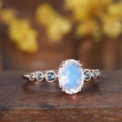 Oval Moonstone Engagement Ring, 14K Rose Gold Alexandrite Band, Bezel Set Bridal Ring