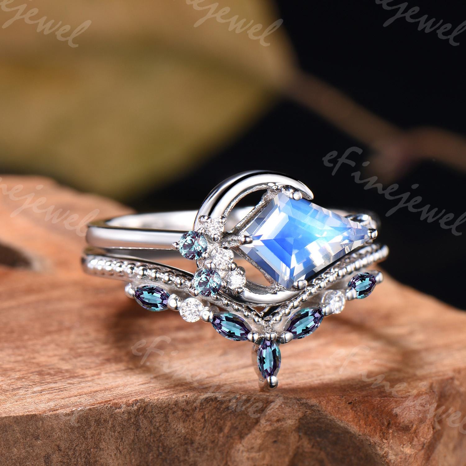 Kite Cut Moonstone Engagement Ring, Marquise Alexandrite Stacking Band, June Birthstone Bridal Set - PENFINE
