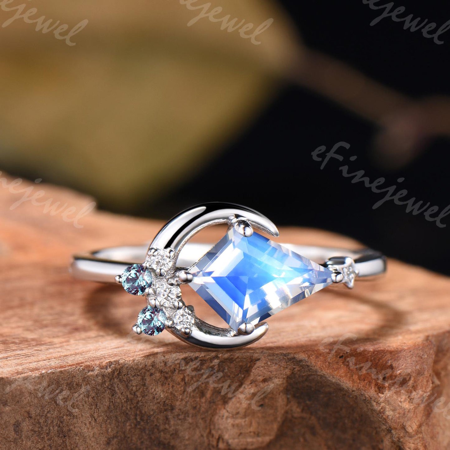 Kite Cut Moonstone Engagement Ring, Marquise Alexandrite Stacking Band, June Birthstone Bridal Set - PENFINE