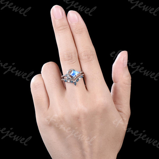 Kite Cut Moonstone Engagement Ring, Marquise Alexandrite Stacking Band, June Birthstone Bridal Set - PENFINE