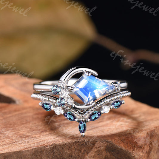 Kite Cut Moonstone Engagement Ring, Marquise Alexandrite Stacking Band, June Birthstone Bridal Set - PENFINE