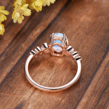 Oval Moonstone Engagement Ring, 14K Rose Gold Alexandrite Band, Bezel Set Bridal Ring