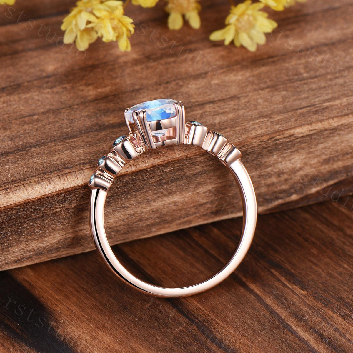 Oval Moonstone Engagement Ring, 14K Rose Gold Alexandrite Band, Bezel Set Bridal Ring