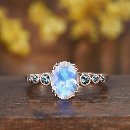 Oval Moonstone Engagement Ring, 14K Rose Gold Alexandrite Band, Bezel Set Bridal Ring