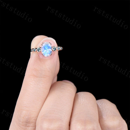 Oval Moonstone Engagement Ring, 14K Rose Gold Alexandrite Band, Bezel Set Bridal Ring