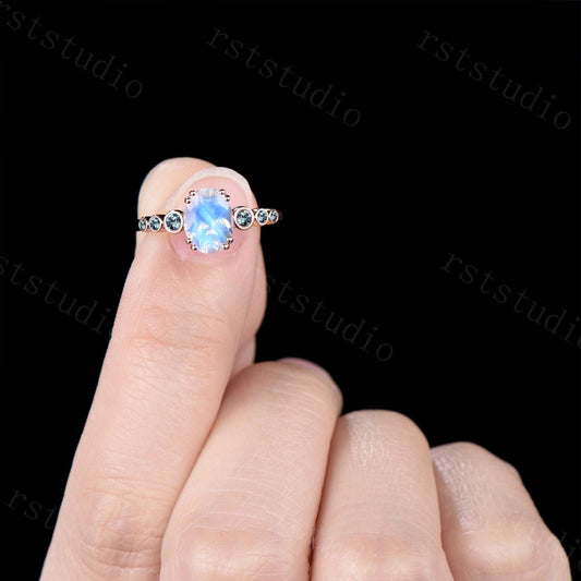 Oval Moonstone Engagement Ring, 14K Rose Gold Alexandrite Band, Bezel Set Bridal Ring