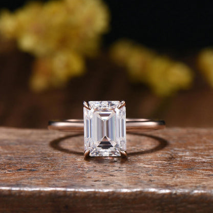 Emerald Cut Moissanite Engagement Ring | 14K Rose Gold Bridal Set, Opal Wedding Band