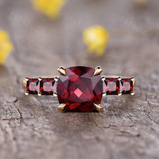 2.5 Carat Cushion Cut Garnet Engagement Vintage Five Stone Wedding Ring, January Birthstone Gift
