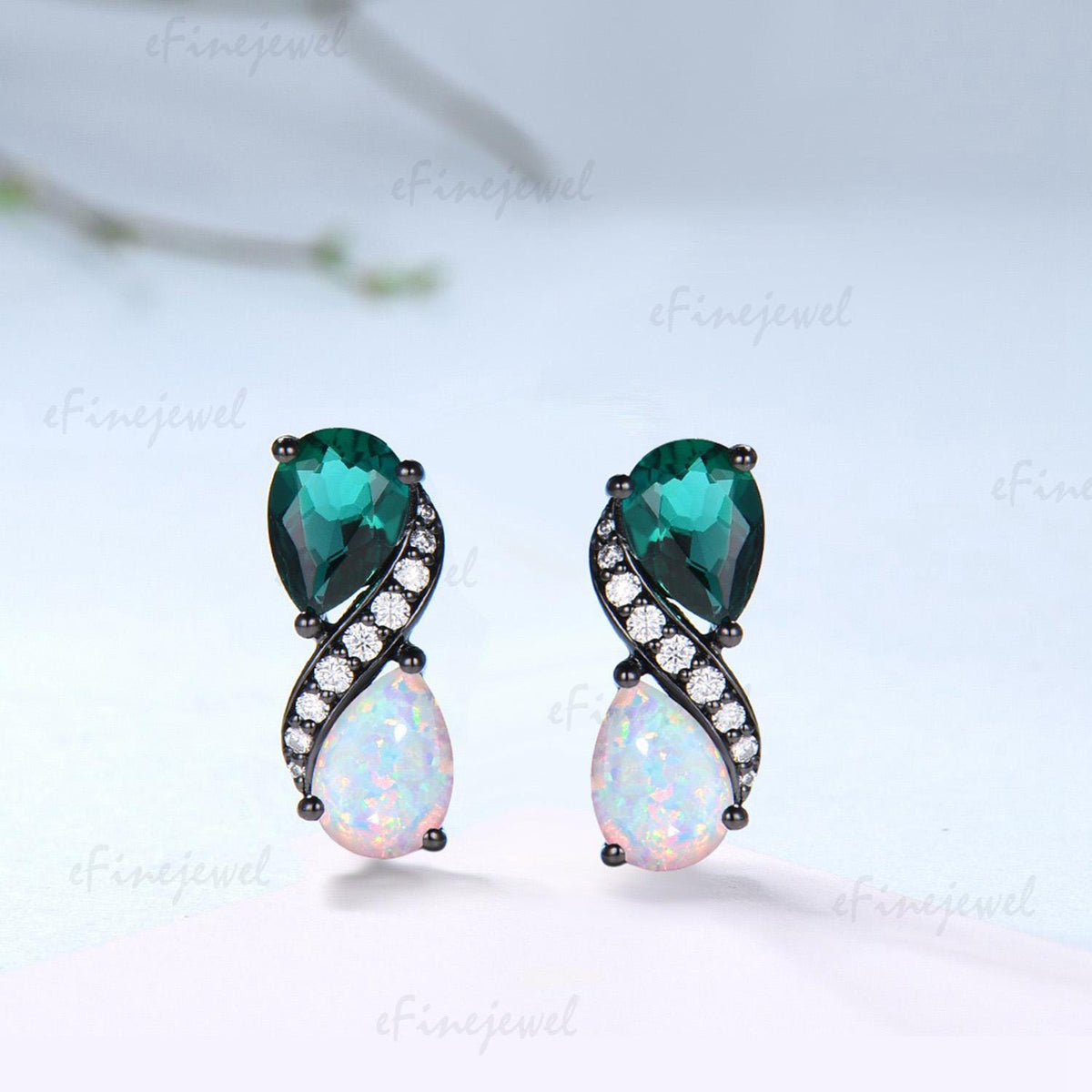 Black Gold Pear Emerald Opal Earrings, Dainty Two Stone Infinity Studs