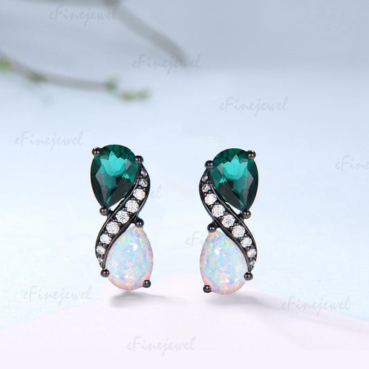 Black Gold Pear Emerald Opal Earrings, Dainty Two Stone Infinity Studs
