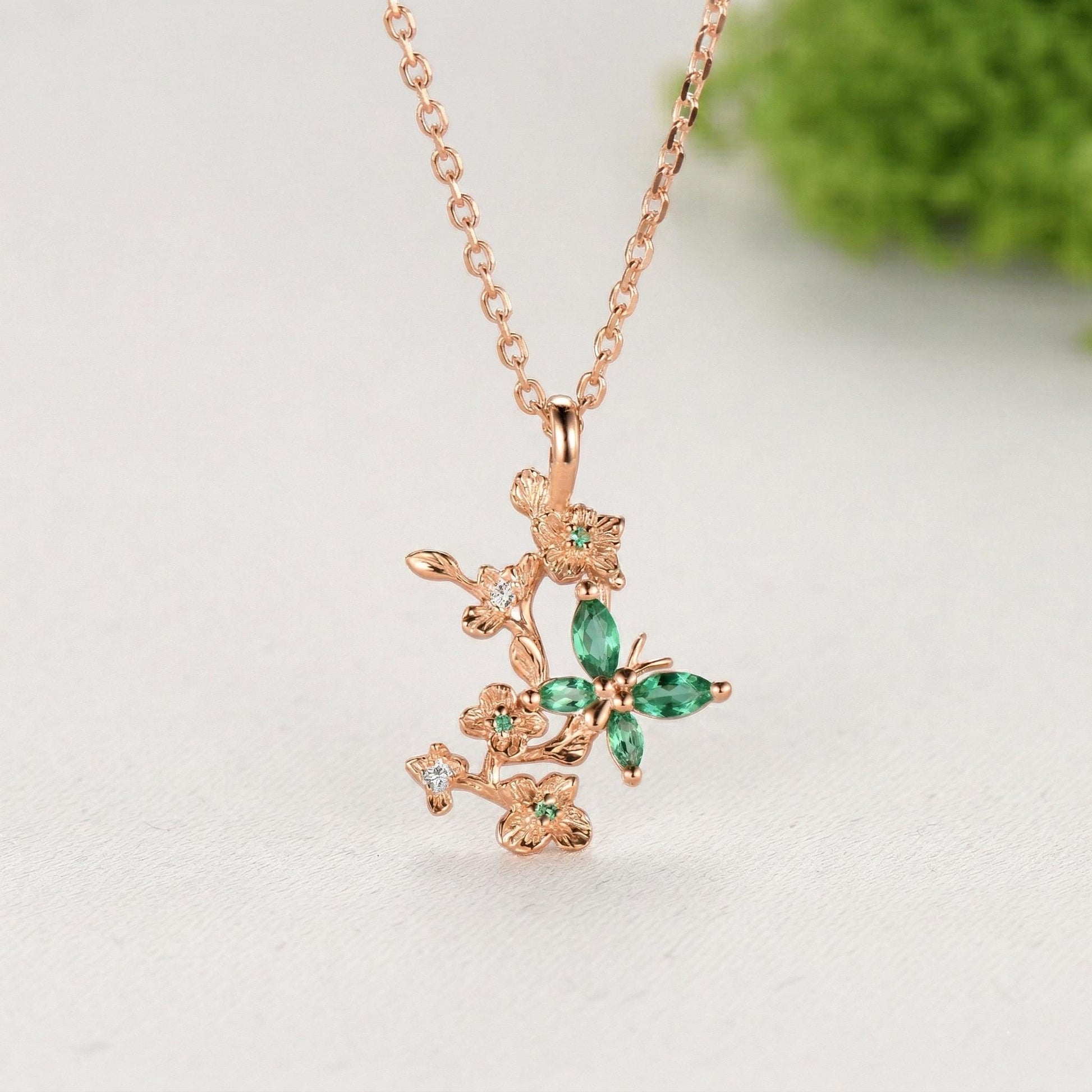 Emerald Green Crystal Butterfly Necklace, Floral Branch Pendant - PENFINE