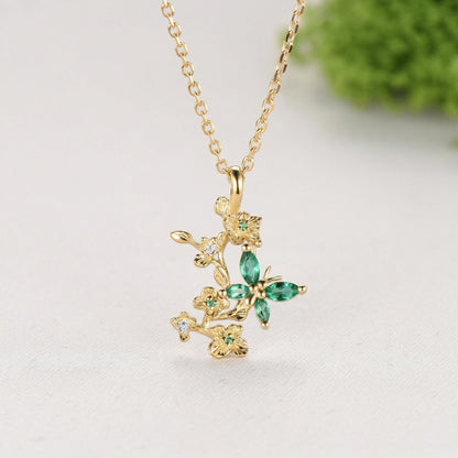 Emerald Green Crystal Butterfly Necklace, Floral Branch Pendant - PENFINE